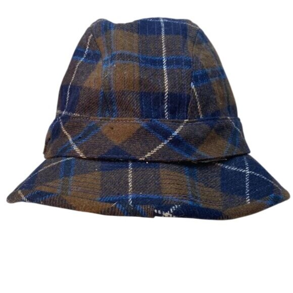 Vintage Pendleton Plaid Wool Bucket Hat 7 1/4 Blue & Brown Checkered Design - Picture 2 of 6